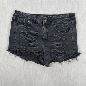 American Eagle Vintage Hi-Rise Festival Black Distressed Denim Shorts Size 10